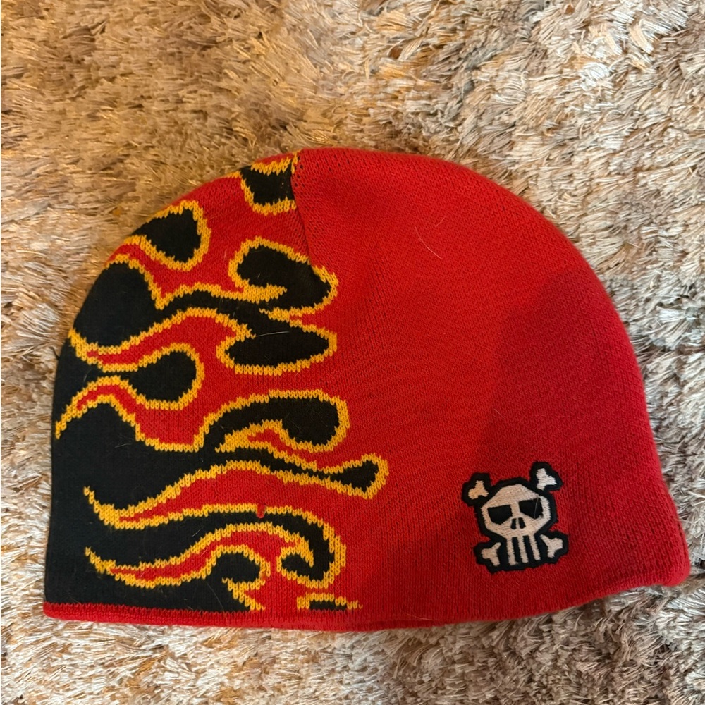 Red Flame Knit Beanie with Skull Accent